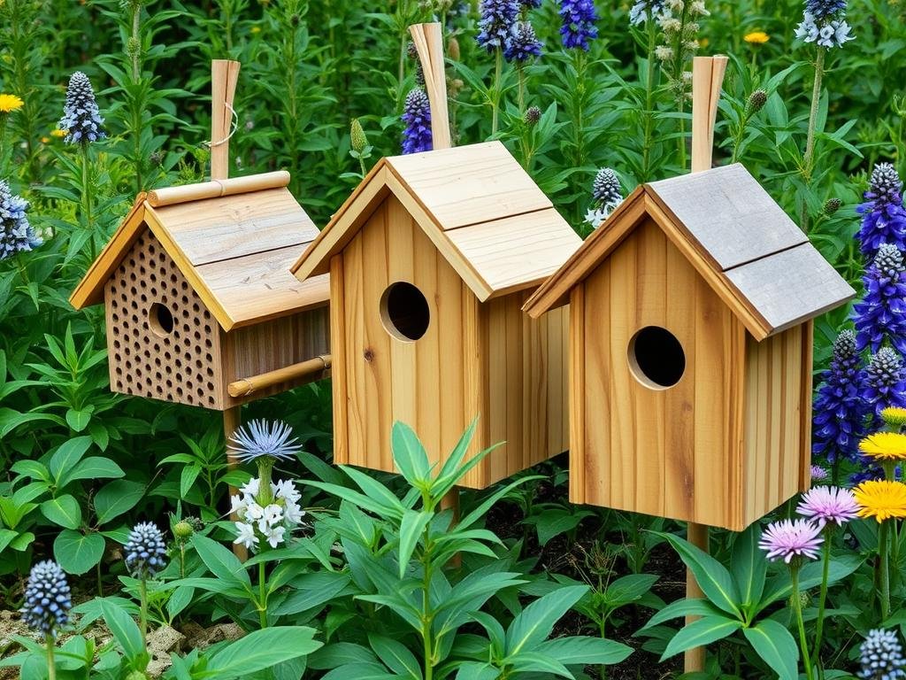 Immagina un giardino con casette per api solitarie realizzate con canne di bambù o legno forato.