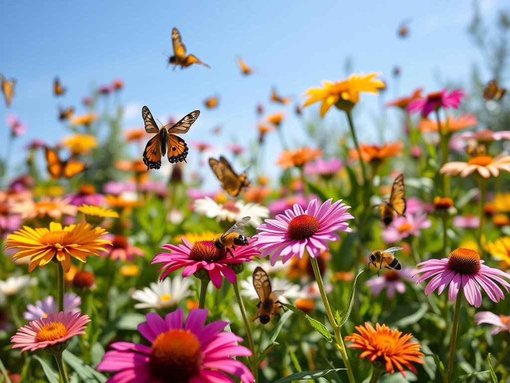 Immagina un giardino pieno di vita con api e farfalle che svolazzano tra fiori colorati.