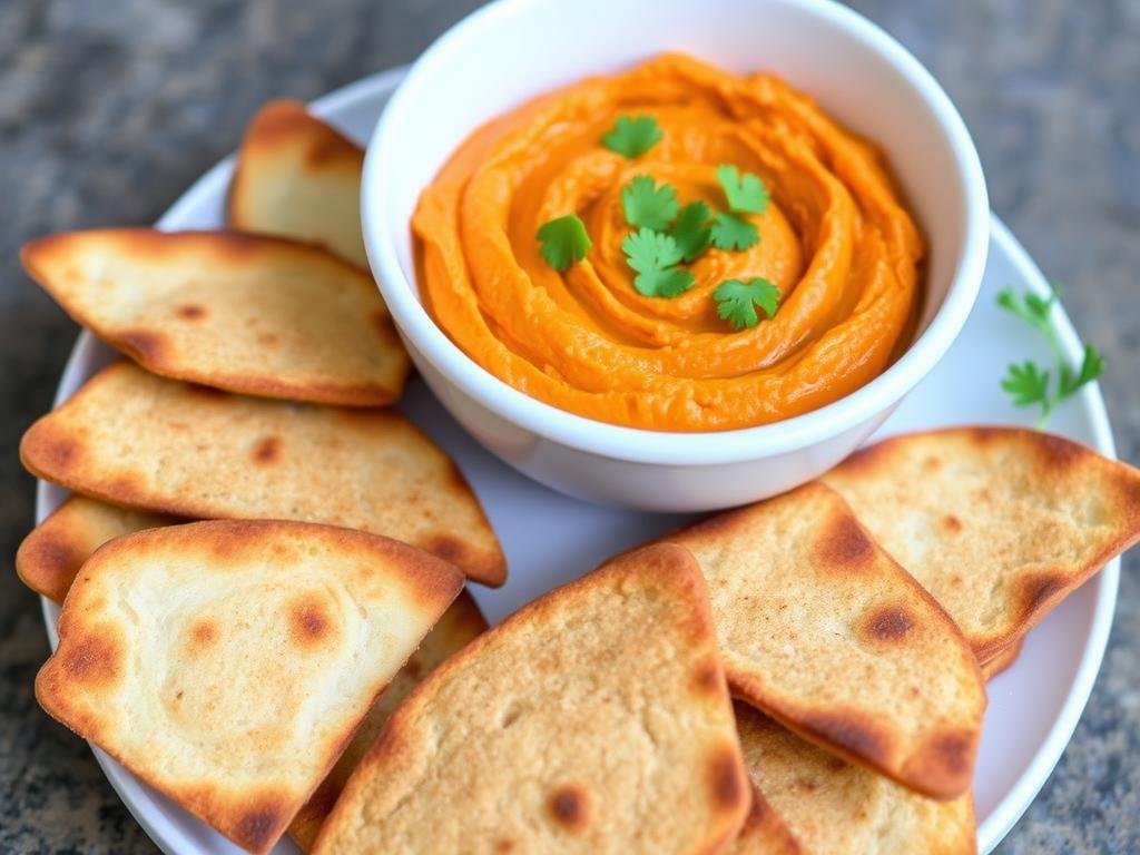 Immagina un hummus di carote e miele servito con pane pita tostato