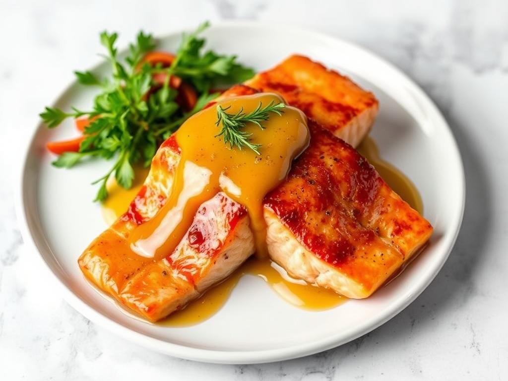 Immagina un piatto di salmone glassato con una salsa di miele e senape