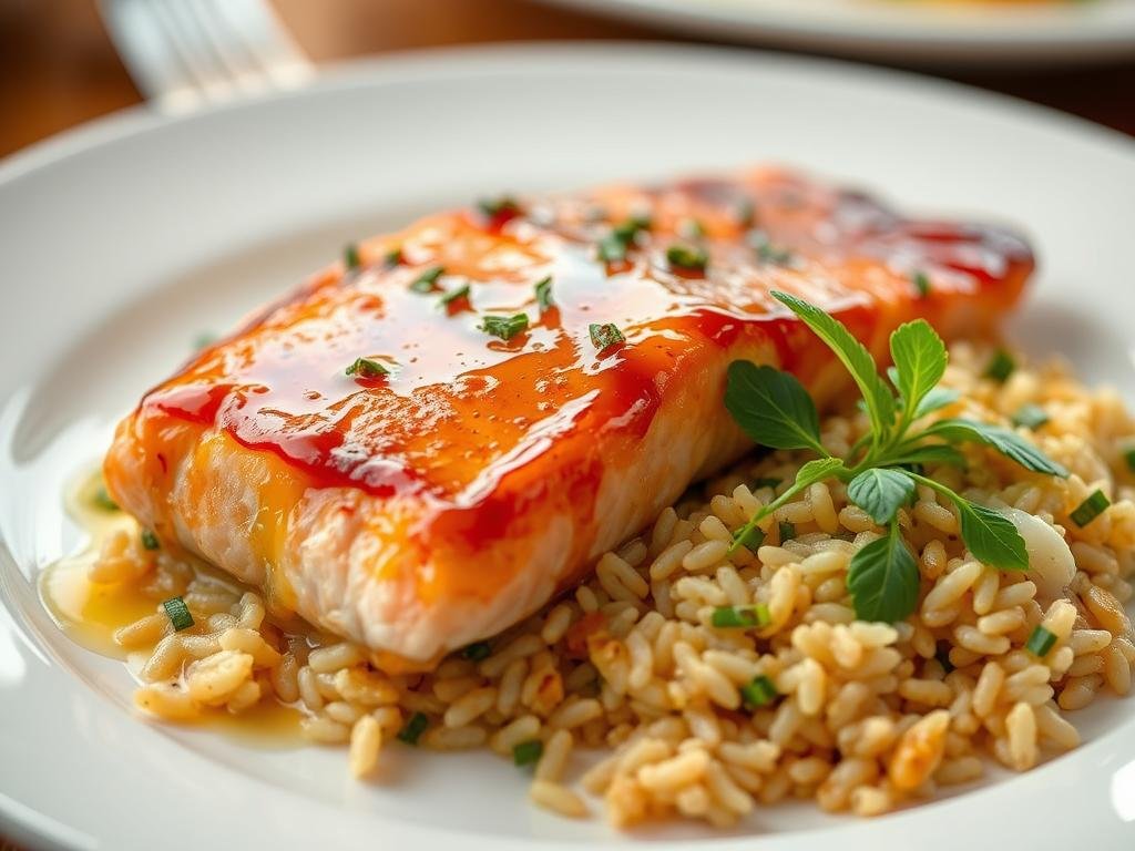 Immagina un salmone glassato al miele, servito con un riso pilaf aromatizzato e decorato con erbe fresche. Immagina un salmone glassato al miele, servito con un riso pilaf aromatizzato e decorato con erbe fresche.