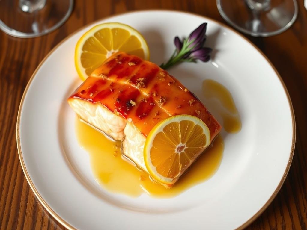 Immagina un salmone glassato con miele e agrumi, servito su un piatto elegante.