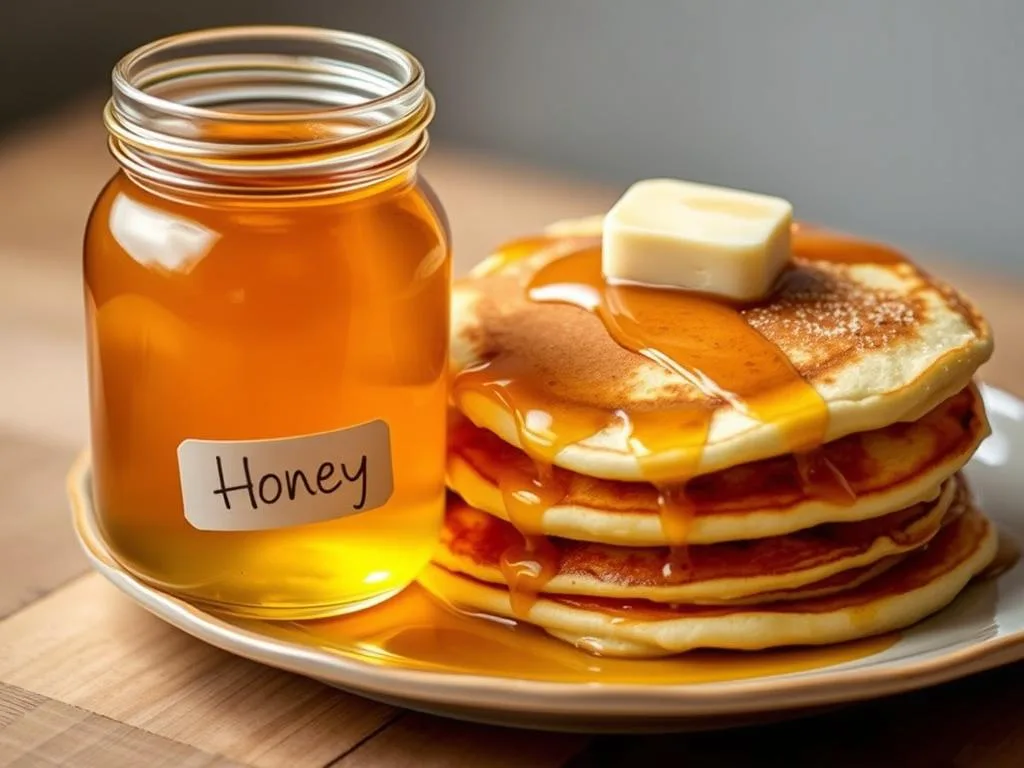 Immagina un vasetto di miele dorato accanto a una pila di pancake caldi