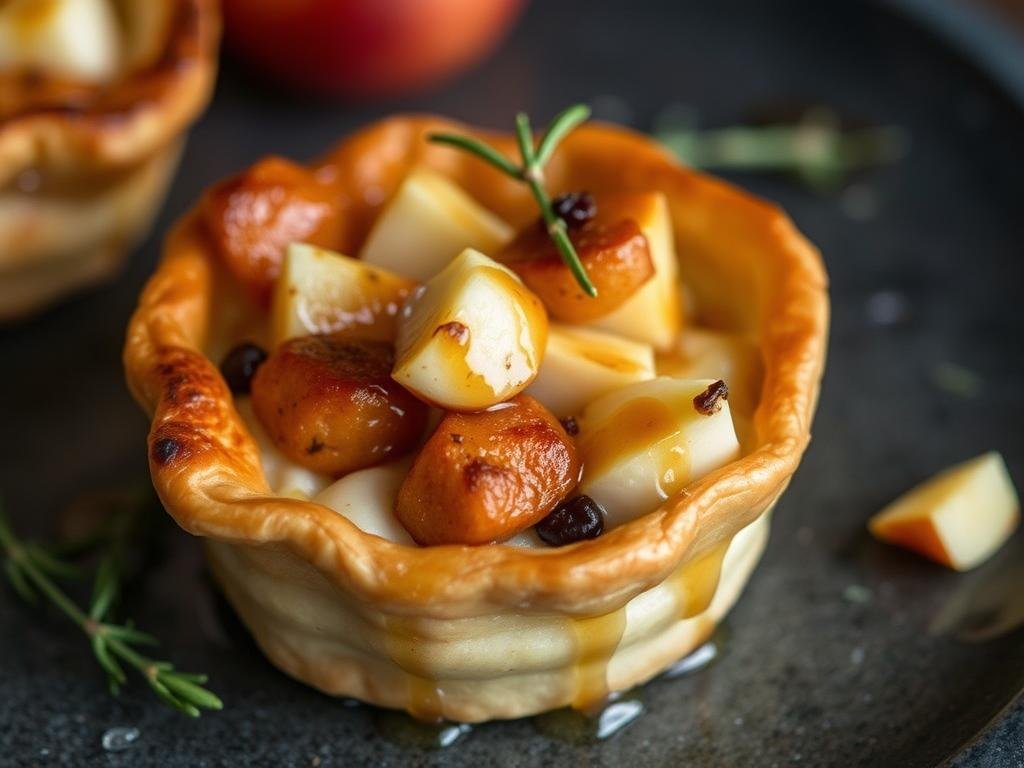 Immagina un vol-au-vent ripieno di ricotta al fumo di ginepro, mele croccanti e un filo di miele di timo.