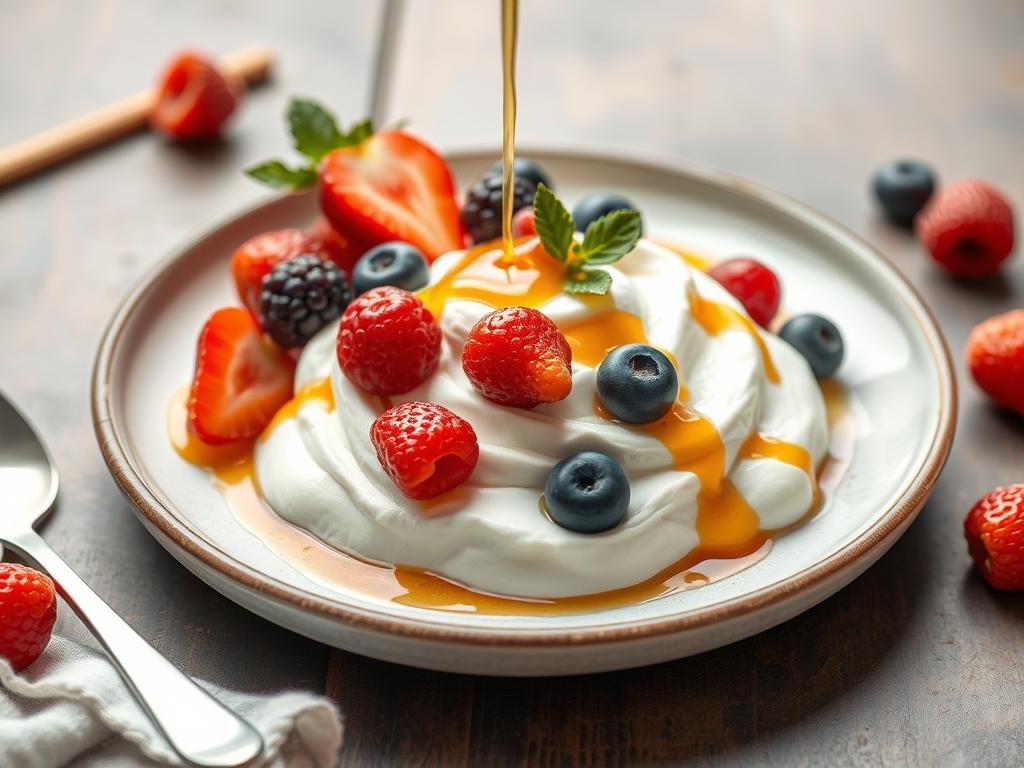 Immagina una mousse leggera e cremosa di yogurt greco e miele, decorata con frutti freschi e un filo di miele.