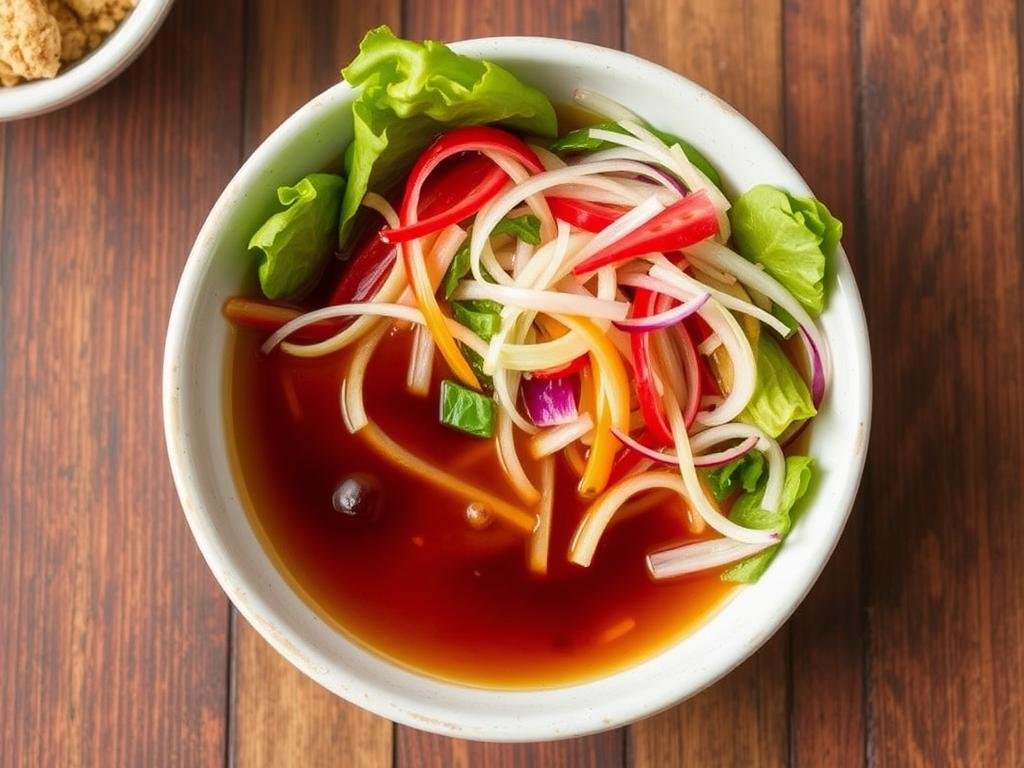 Immagina una salsa al miele e soia per insalate orientali, con ingredienti come miele, soia, aceto di riso e zenzero.