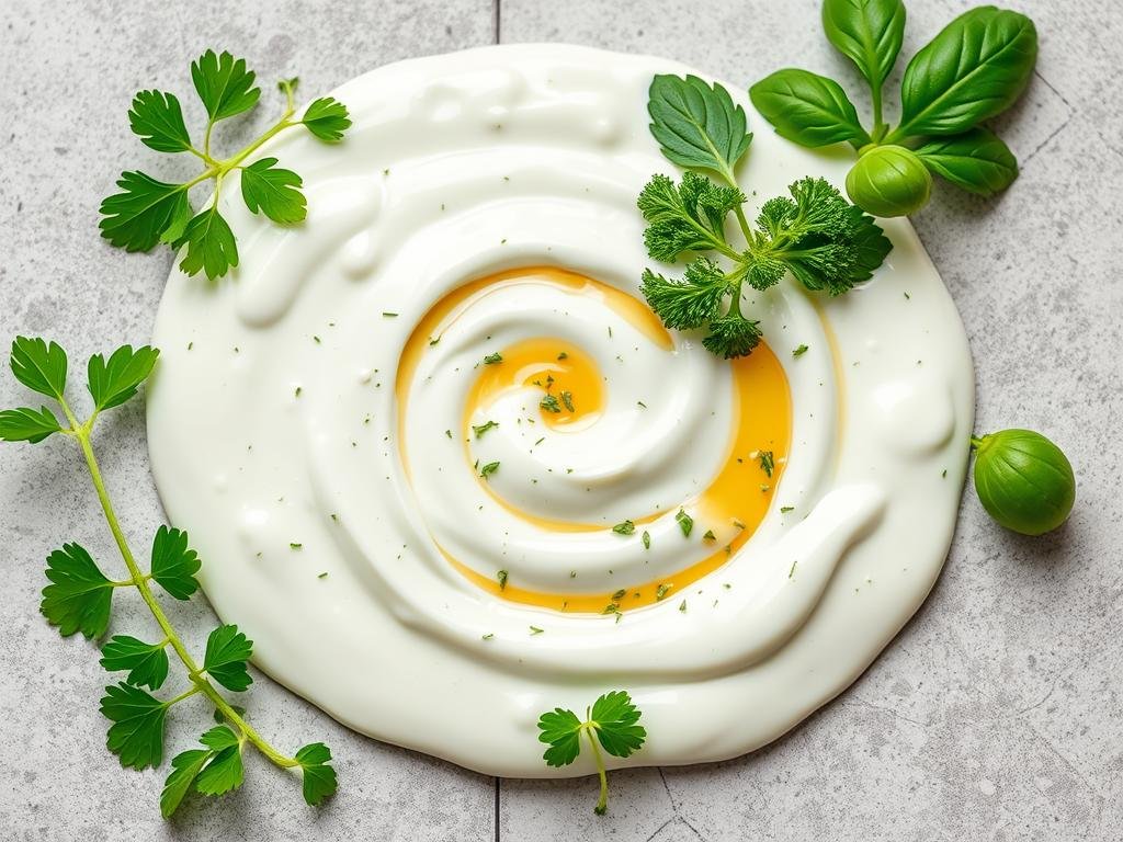 Immagina una salsa cremosa con yogurt, miele e erbe fresche come prezzemolo e basilico.