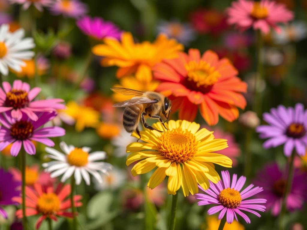 Immagina un'api che raccoglie nettare in un campo di fiori colorati