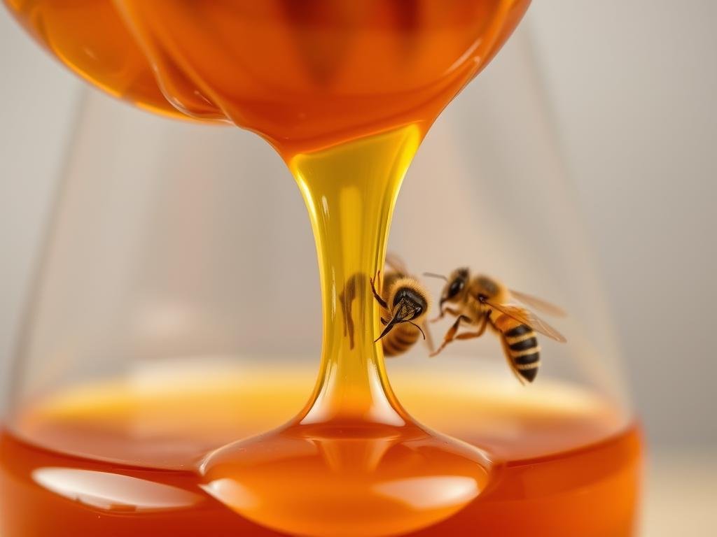 Immagina un'immagine di miele d'api stillante da un barattolo di vetro trasparente, con un paio di api che volano intorno.
