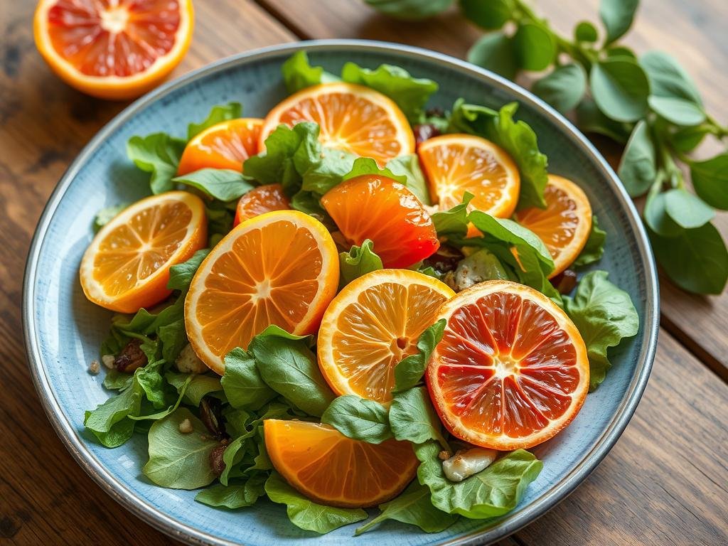 Immagina un'insalata estiva con foglie verdi croccanti, agrumi freschi e un dressing al miele e agrumi.