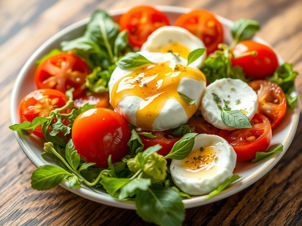 Immagina un'insalata fresca con burrata, pomodori San Marzano e un tocco di miele. Immagina un'insalata fresca con burrata, pomodori San Marzano e un tocco di miele.