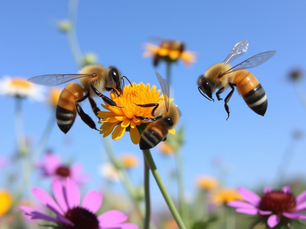 Immagine di api che raccolgono nettare in un ambiente naturale Immagine di api che raccolgono nettare in un ambiente naturale