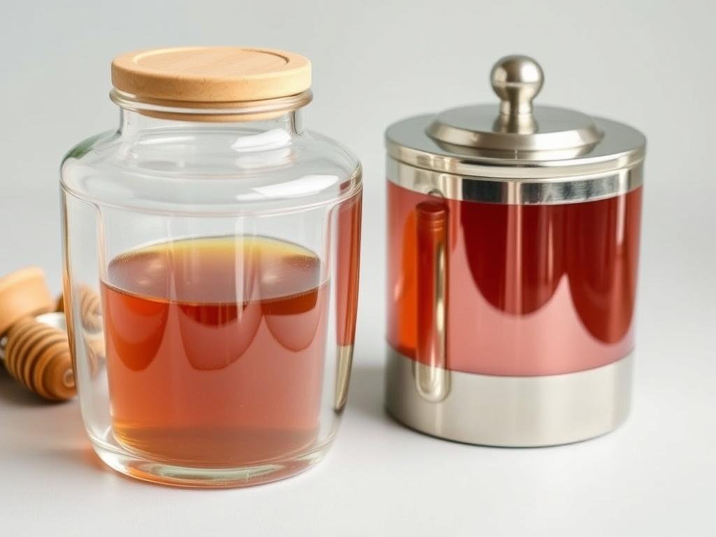 Immagine di contenitori in vetro e acciaio inox per conservare il miele