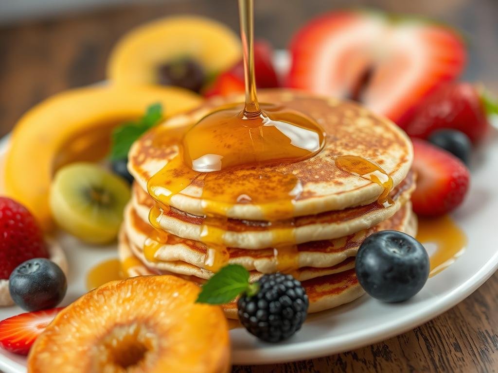 Immagine di pancake proteici al miele appena cotti e serviti con frutta fresca