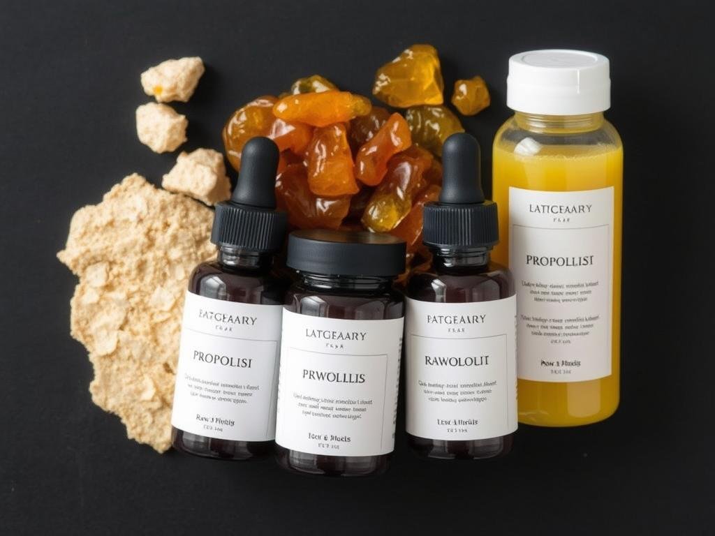 Immagine di propoli cruda accanto a prodotti derivati