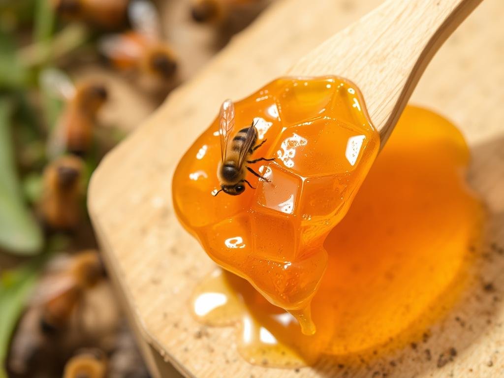 Immagine di propoli cruda con api sullo sfondo