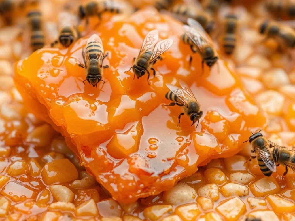 Immagine di propoli grezza con api sullo sfondo Immagine di propoli grezza con api sullo sfondo