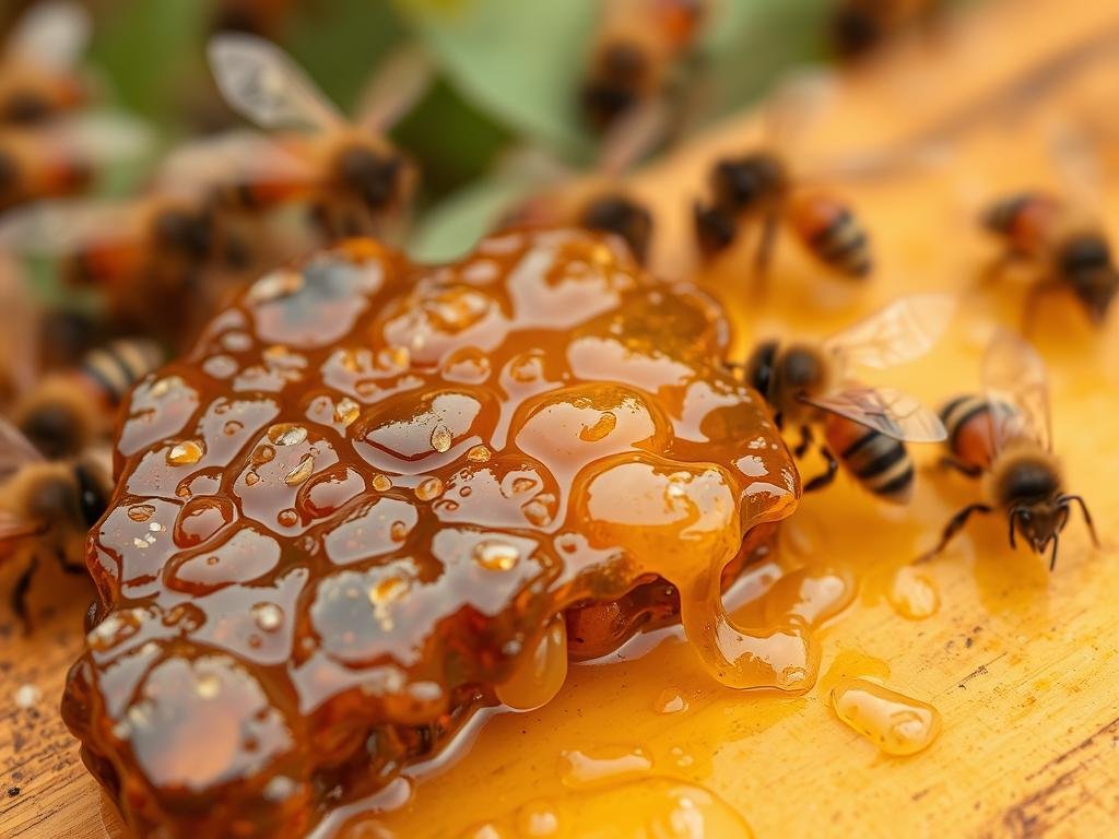 Immagine di propoli grezza con api sullo sfondo Immagine di propoli grezza con api sullo sfondo