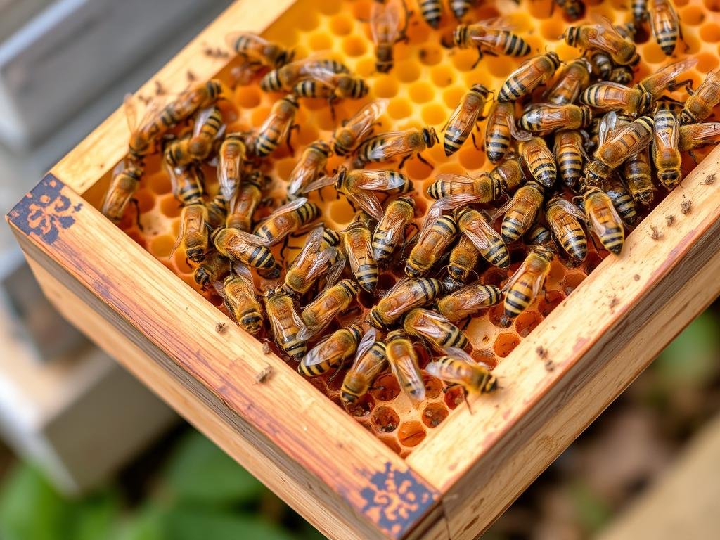 Immagine di un alveare con api al lavoro Immagine di un alveare con api al lavoro