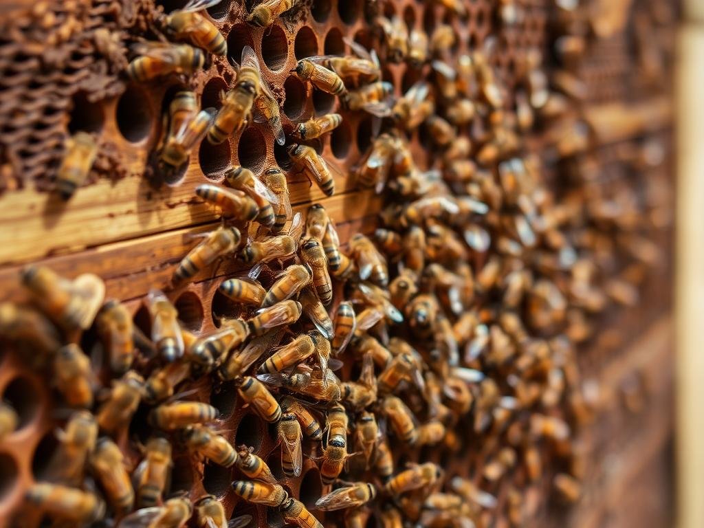 Immagine di un alveare con api al lavoro Immagine di un alveare con api al lavoro