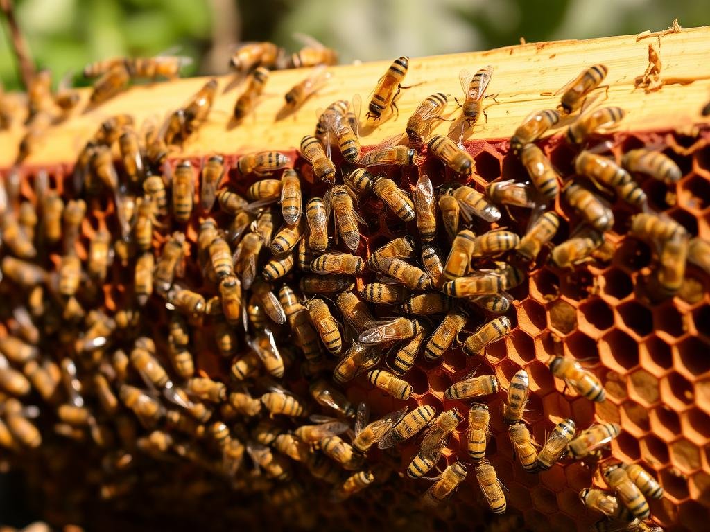 Immagine di un alveare con api che producono miele