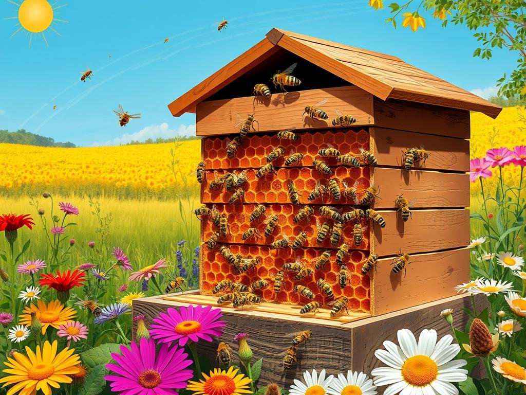 Immagine di un alveare con api che producono miele