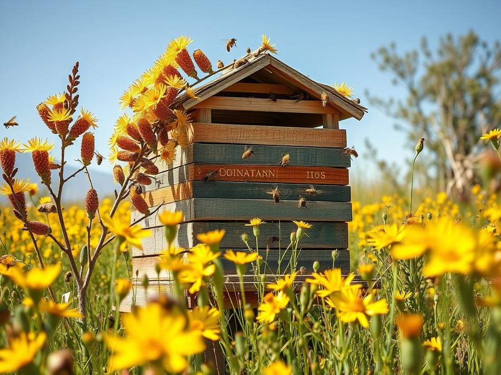Immagine di un alveare con fiori di acacia nelle vicinanze