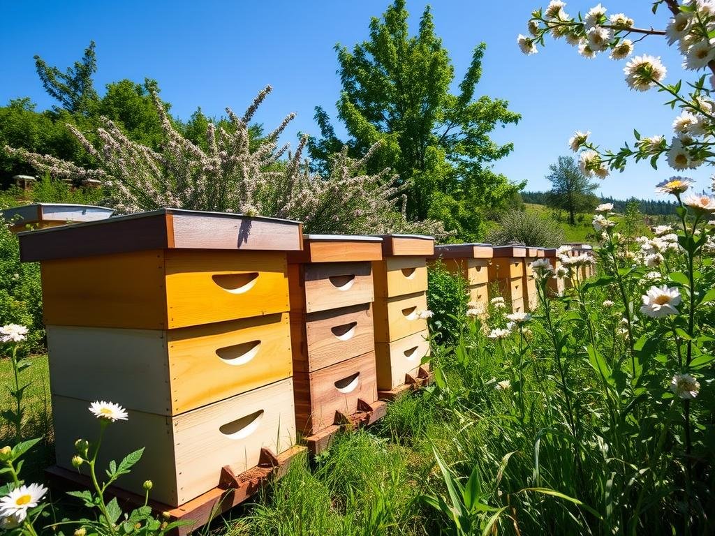 Immagine di un apiario con alveari in un'area verde Immagine di un apiario con alveari in un'area verde