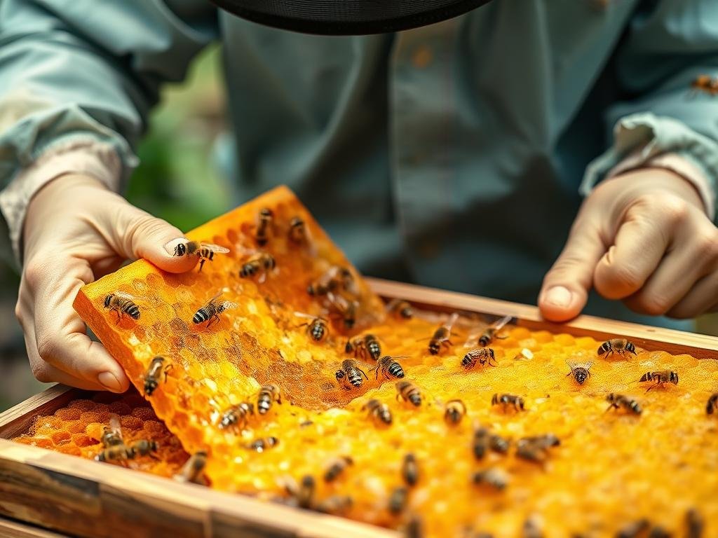Immagine di un apicoltore che estrae il miele dai favi
