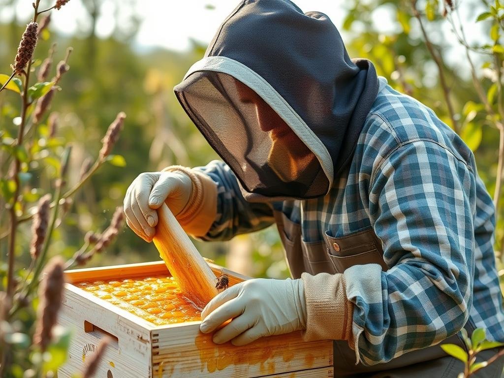 Immagine di un apicoltore che raccoglie miele biologico certificato