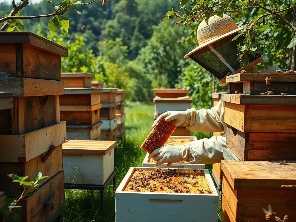 Immagine di un apicoltore che raccoglie miele di castagno