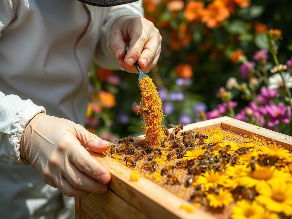Immagine di un apicoltore che raccoglie polline d'api Immagine di un apicoltore che raccoglie polline d'api