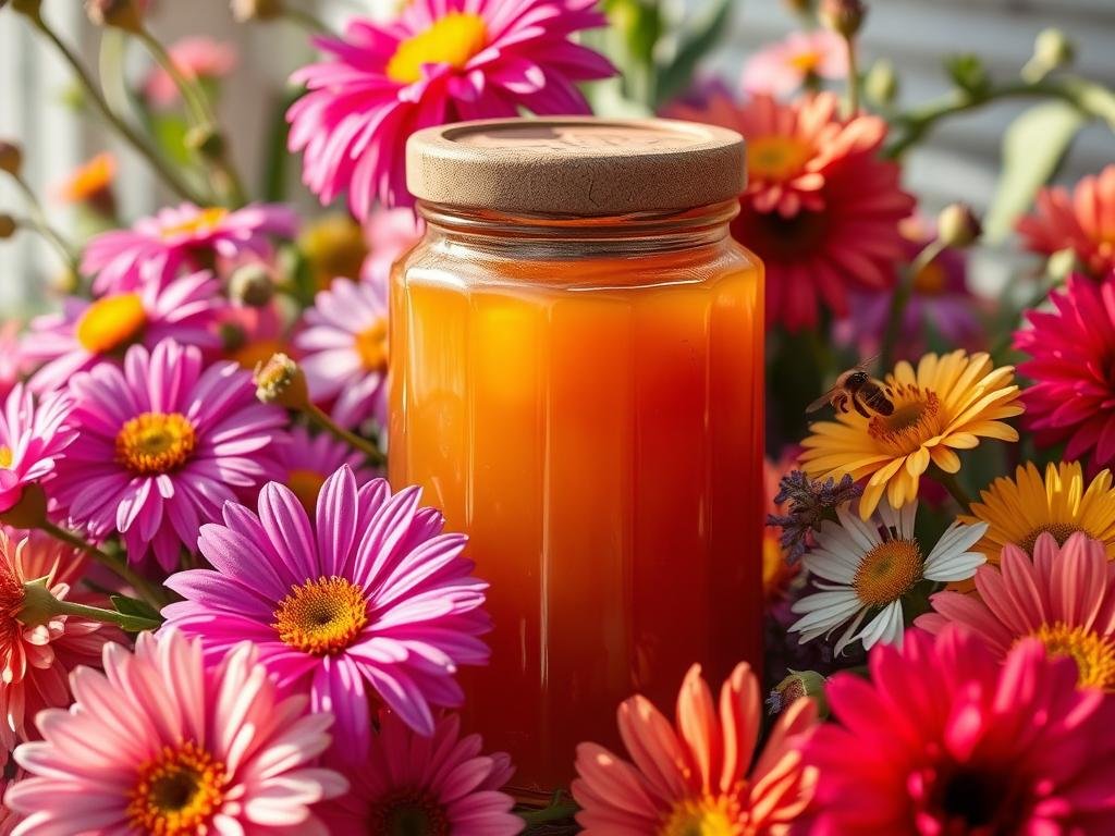 Immagine di un barattolo di miele con fiori intorno