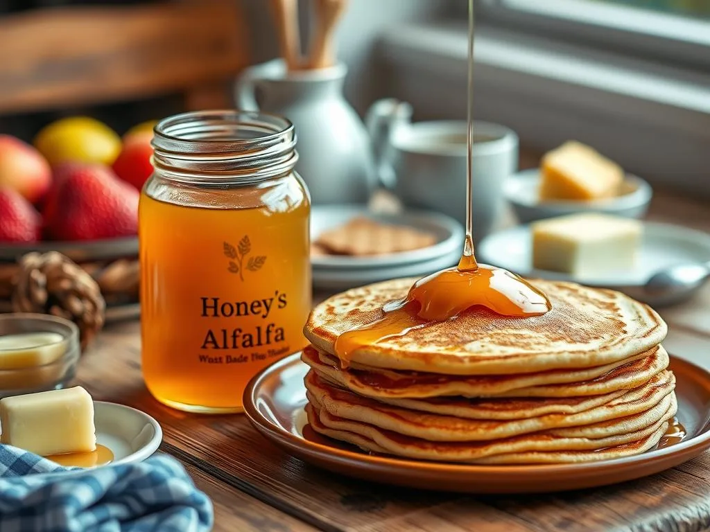 Immagine di un barattolo di miele di sulla accanto a pancakes