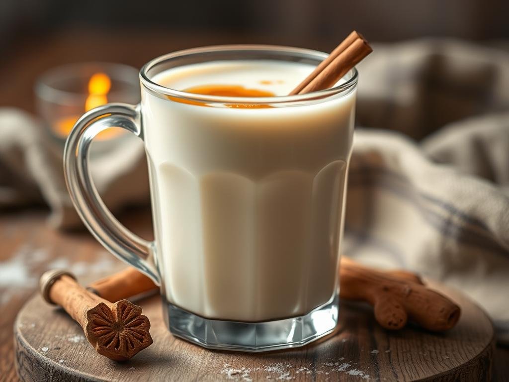 Immagine di un bicchiere di latte con miele, cannella e zenzero