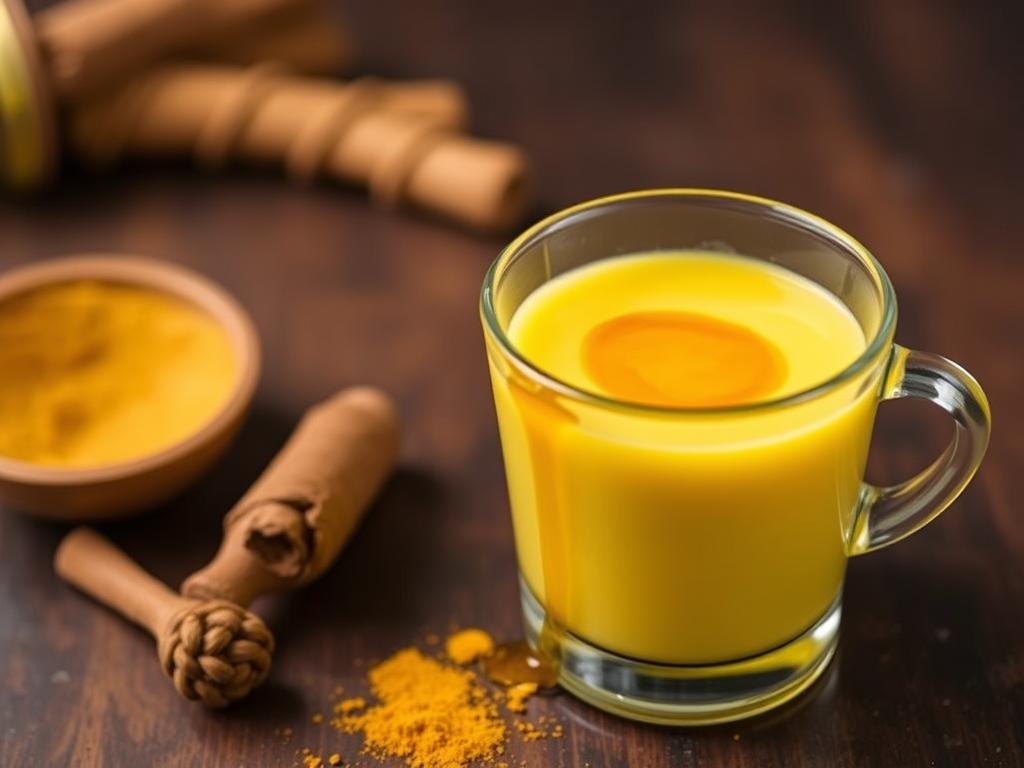 Immagine di un bicchiere di latte d'oro con curcuma e miele