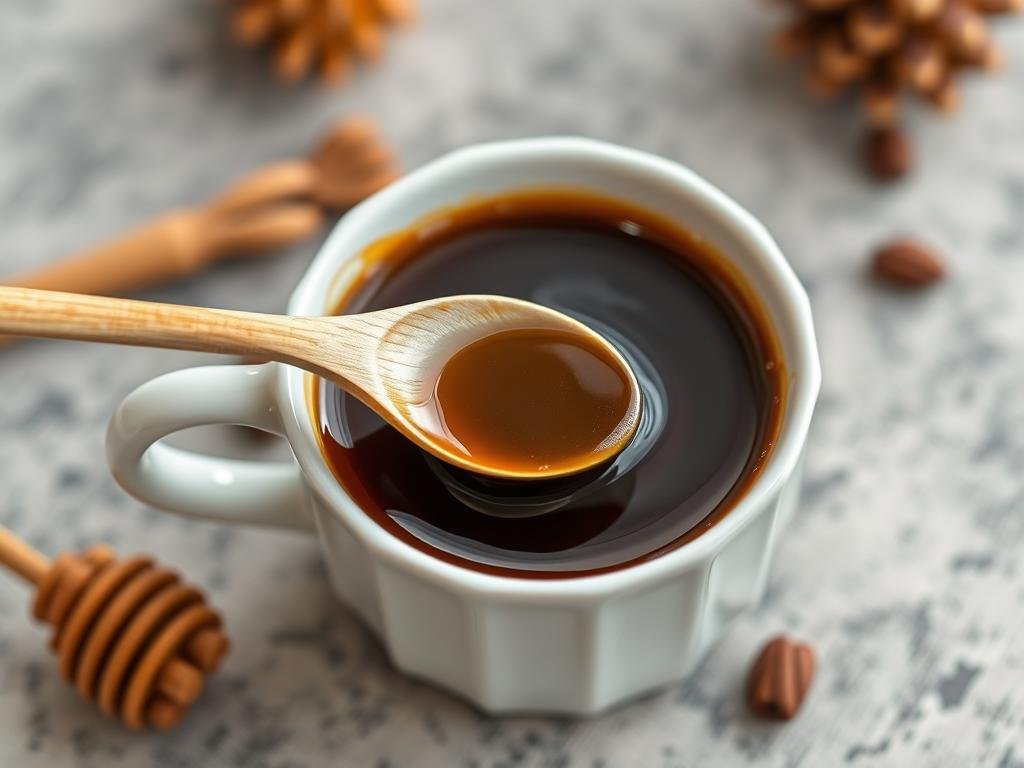 Immagine di un caffè con un cucchiaio di miele di acacia