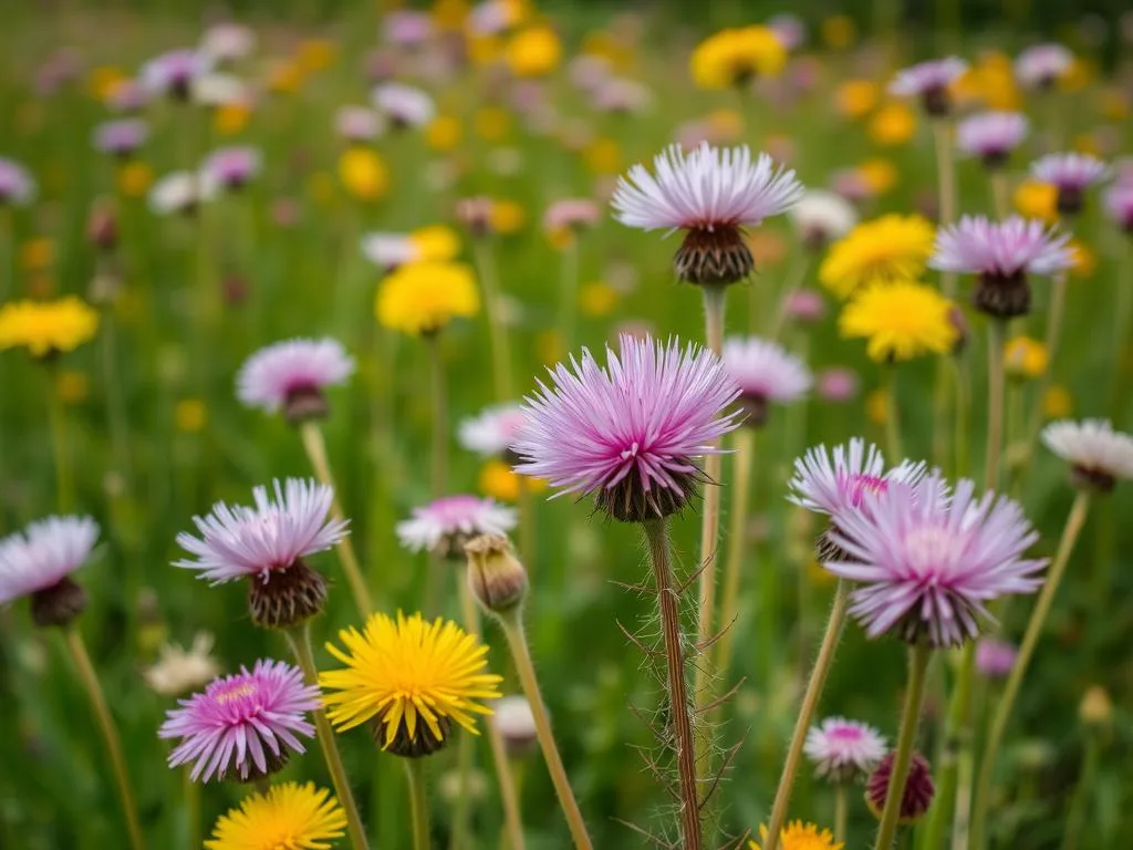 Immagine di un campo di cardo o tarassaco in fiore Immagine di un campo di cardo o tarassaco in fiore