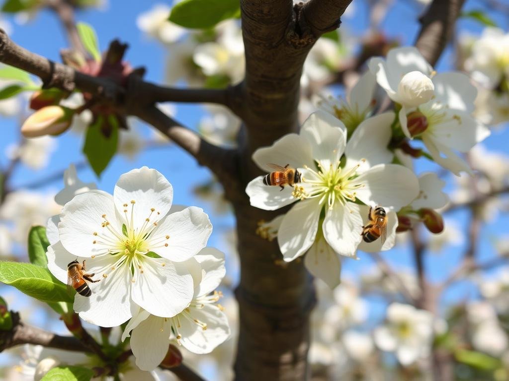 Immagine di un castagno in fiore con api che raccolgono nettare