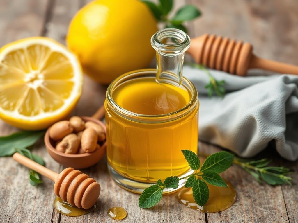 Immagine di un condimento naturale a base di olio, limone e miele Immagine di un condimento naturale a base di olio, limone e miele