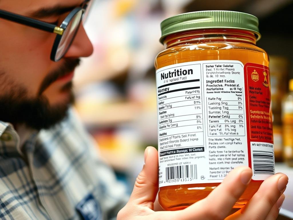 Immagine di un consumatore attento che esamina l'etichetta di un barattolo di miele
