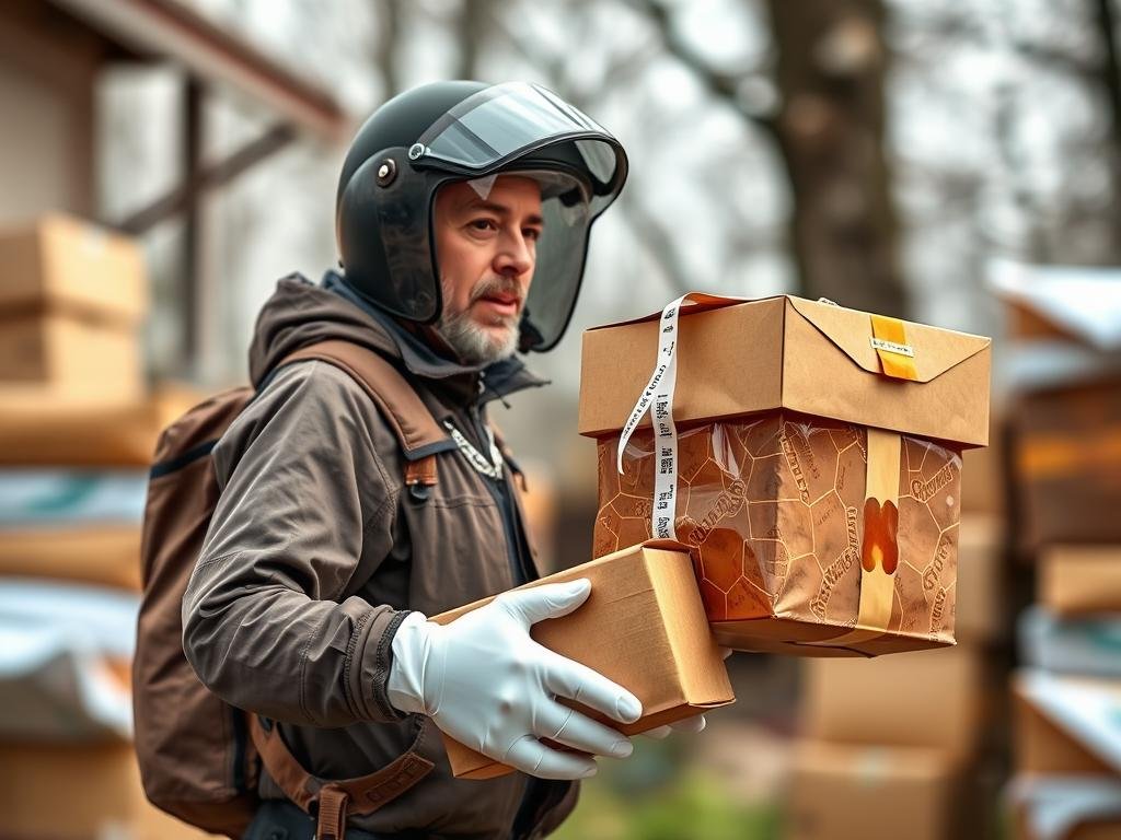 Immagine di un corriere che consegna un pacco con miele