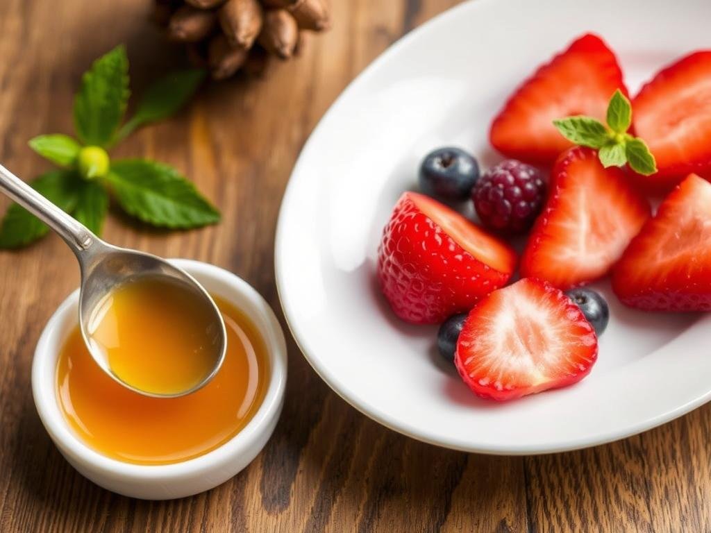 Immagine di un cucchiaio di miele accanto a un piatto di frutta fresca Immagine di un cucchiaio di miele accanto a un piatto di frutta fresca