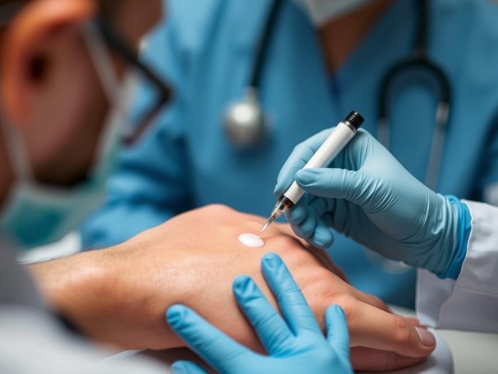 Immagine di un medico che esegue un test cutaneo per l'allergia al veleno d'api