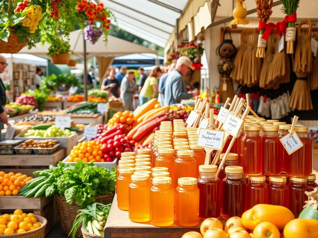 Immagine di un mercato contadino con bancarelle di miele artigianale