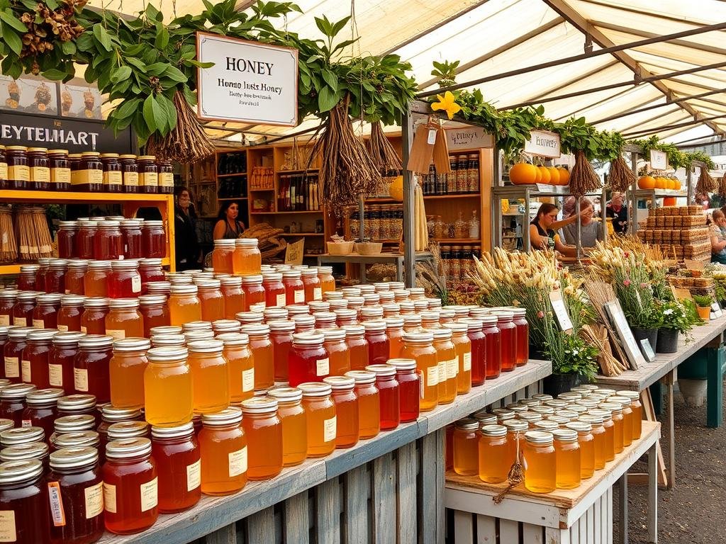 Immagine di un mercato contadino con bancarelle di miele