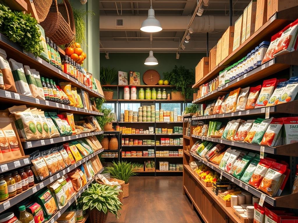 Immagine di un negozio di alimentazione naturale con scaffali pieni di prodotti biologici