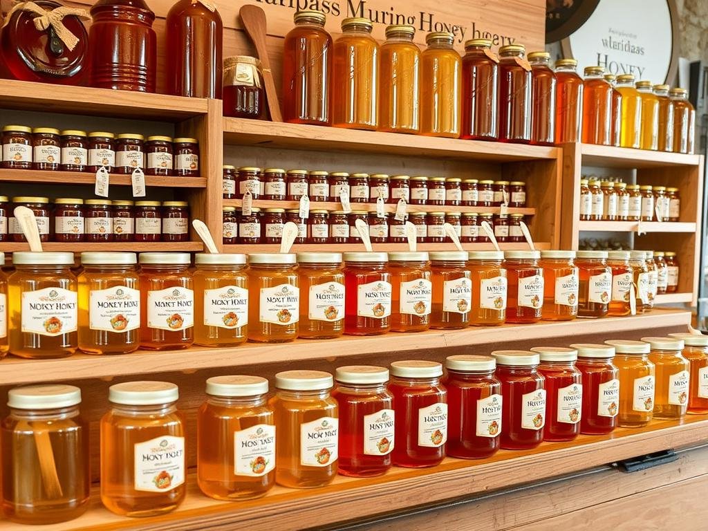 Immagine di un negozio di mieli artigianali con vari tipi di miele esposti