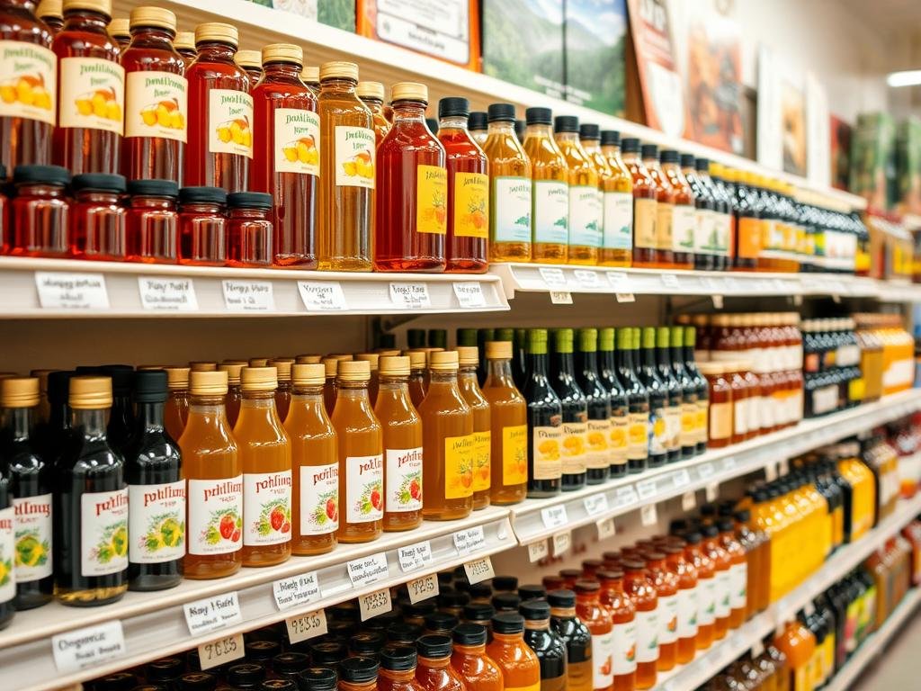 Immagine di un negozio di prodotti biologici con scaffali pieni di aceti di miele