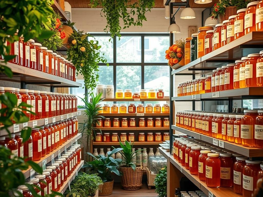 Immagine di un negozio di prodotti naturali con scaffali pieni di barattoli di miele